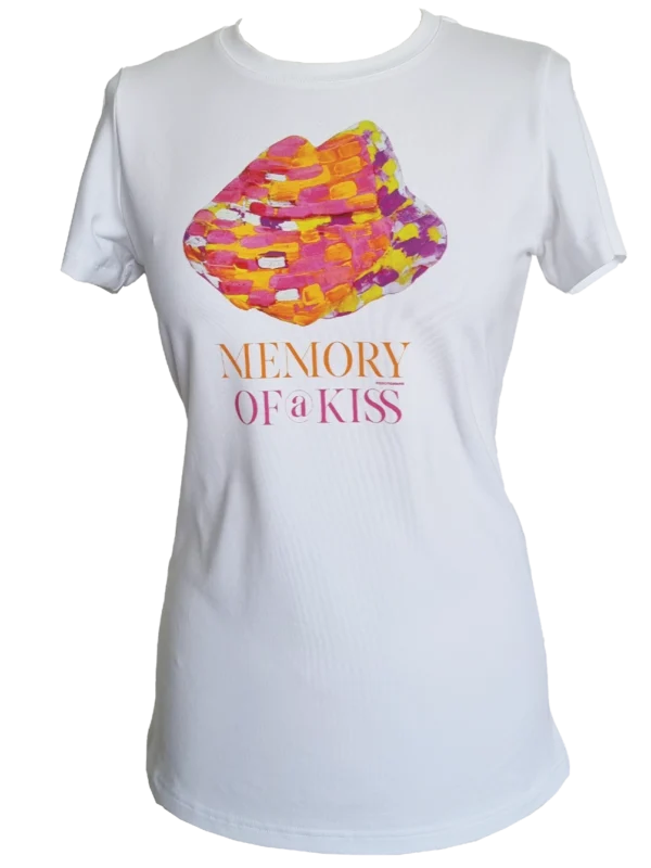 Bela majica z oranznim potiskom Memory of a Kiss